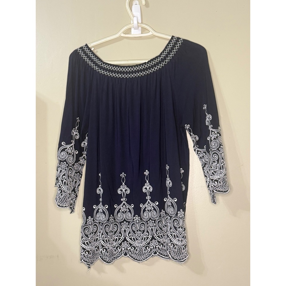 Papillon Navy Blue Embroidered Peasant Top Boho Viscose Blouse Navy White Medium